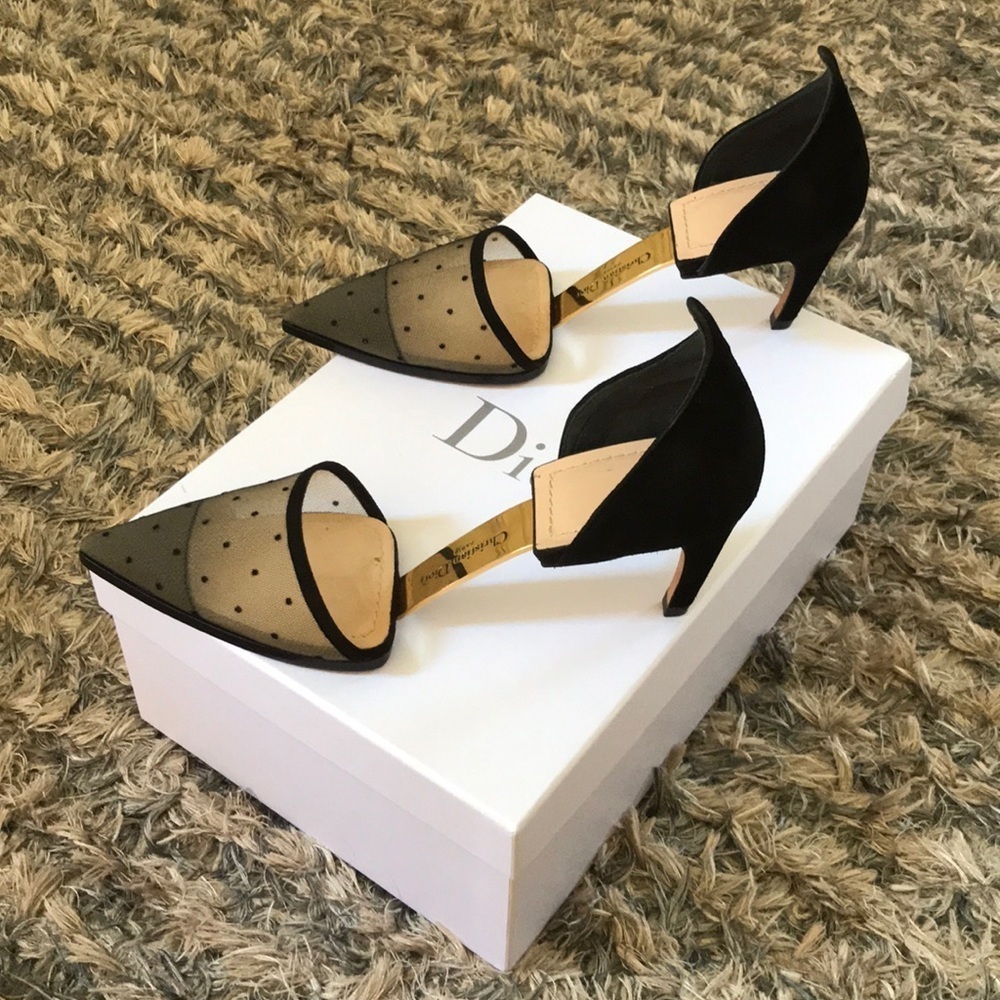 Christian Dior D-Vision Pump Heels Black Polka Dot Mesh Suede Gold Hardware 36 - Picture 3 of 11